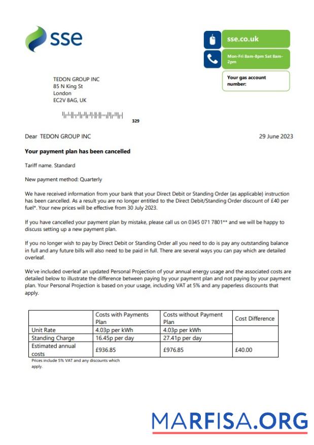 Realistic SSE Energy utility business bill, Word and PDF template, version 1